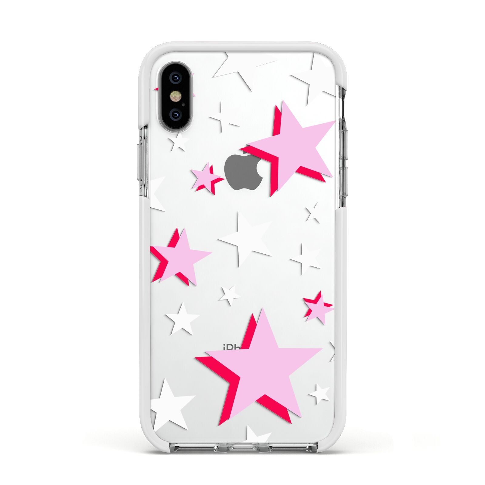Pink Star Apple iPhone Xs Impact Case White Edge on Silver Phone