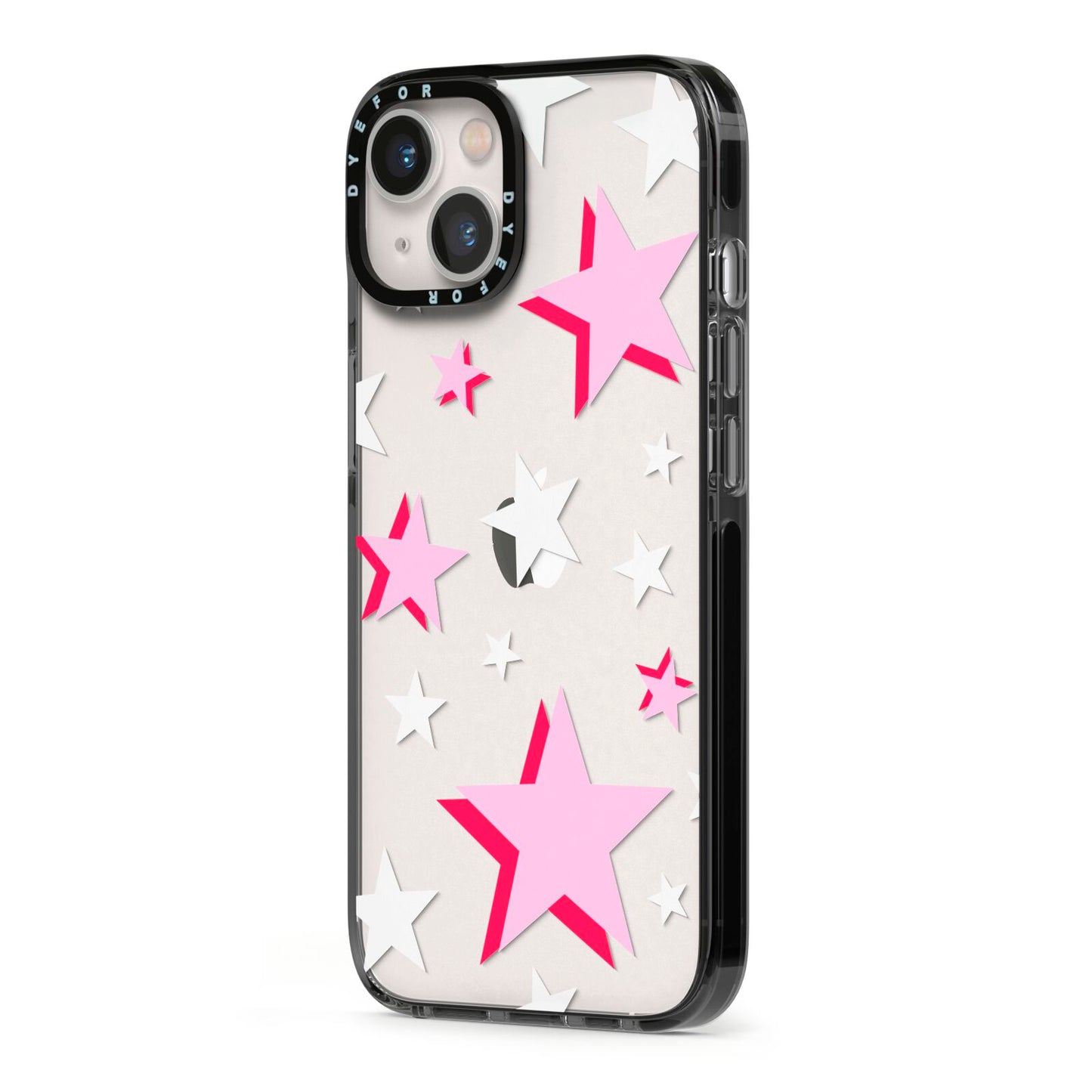 Pink Star iPhone 13 Black Impact Case Side Angle on Silver phone