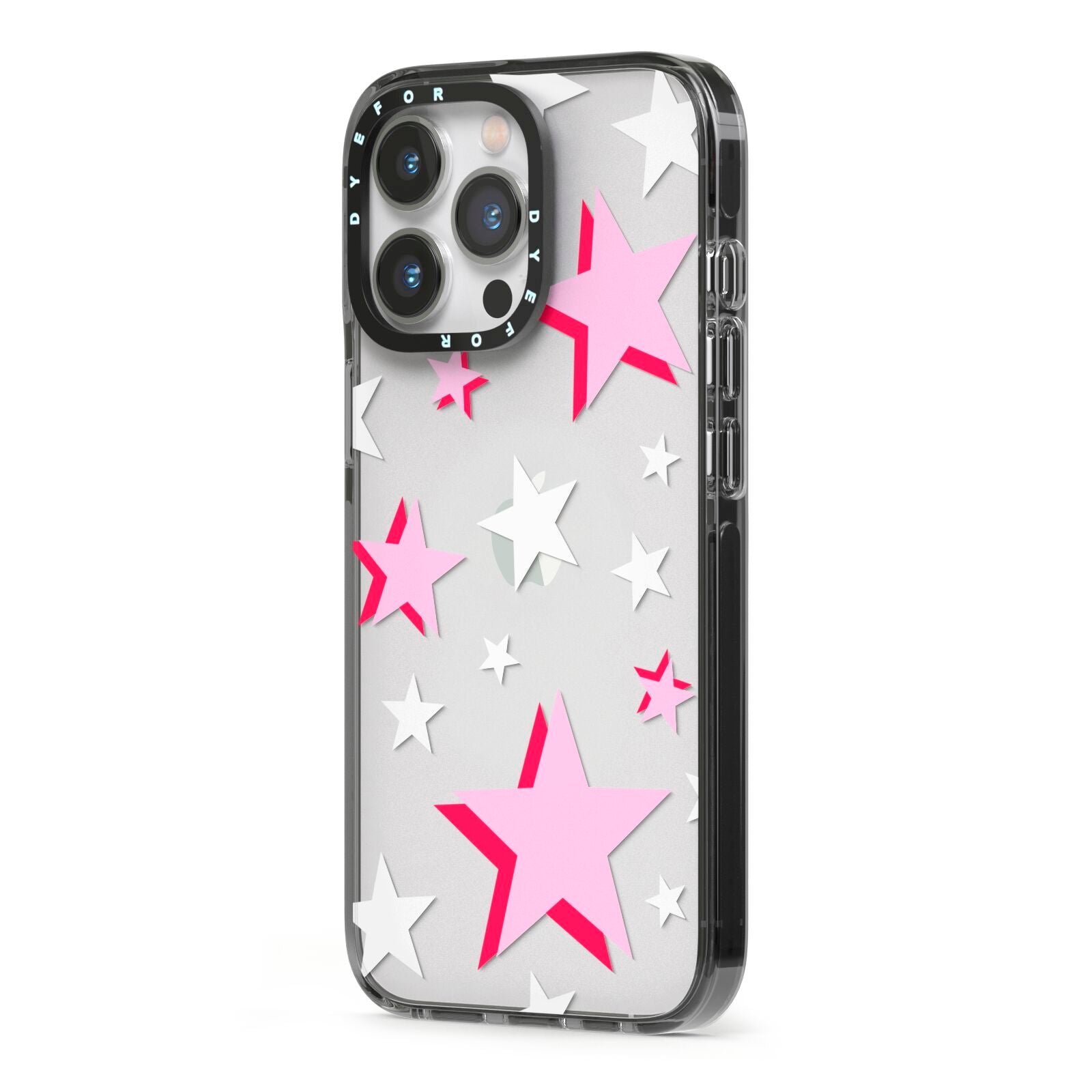 Pink Star iPhone 13 Pro Black Impact Case Side Angle on Silver phone