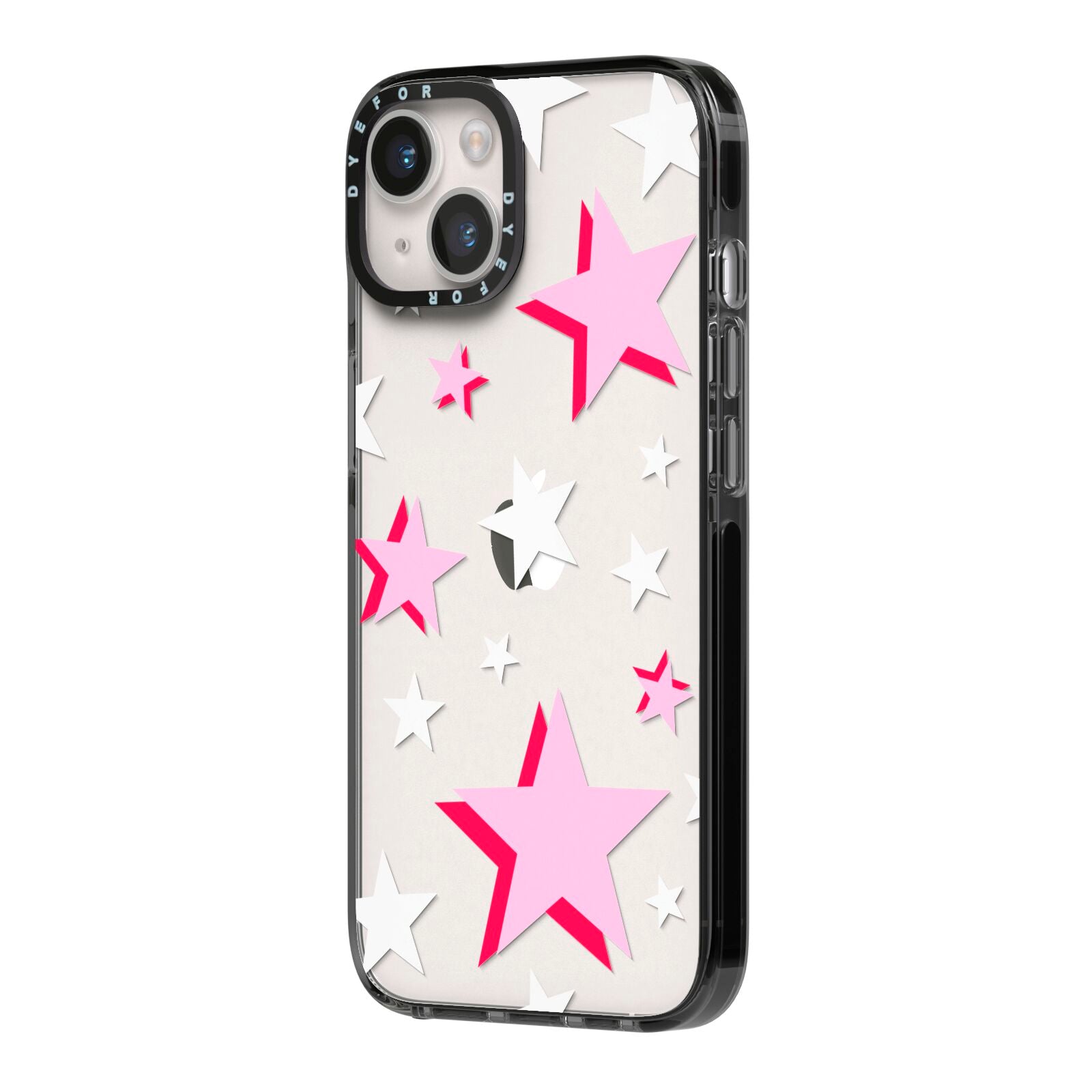 Pink Star iPhone 14 Black Impact Case Side Angle on Silver phone