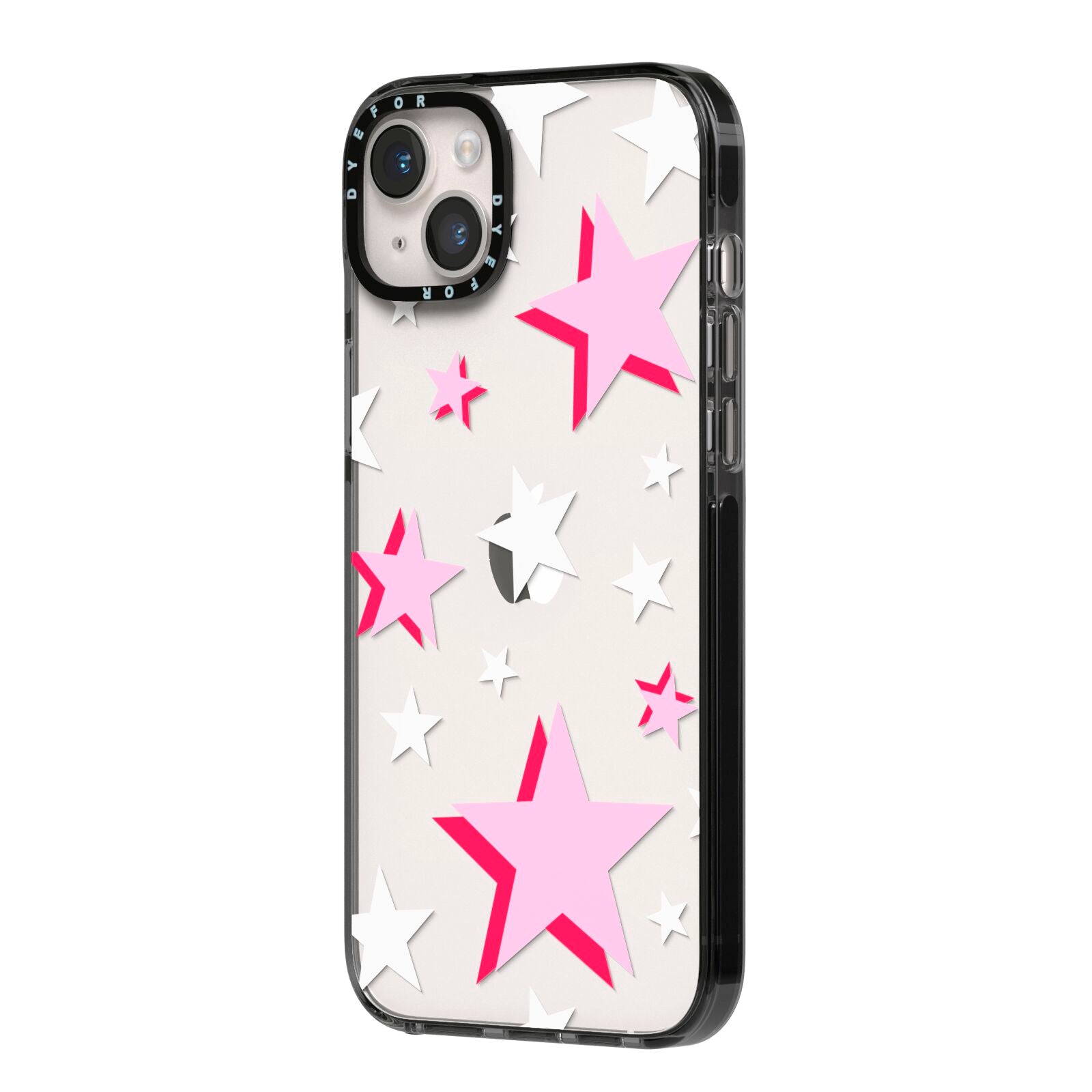 Pink Star iPhone 14 Plus Black Impact Case Side Angle on Silver phone