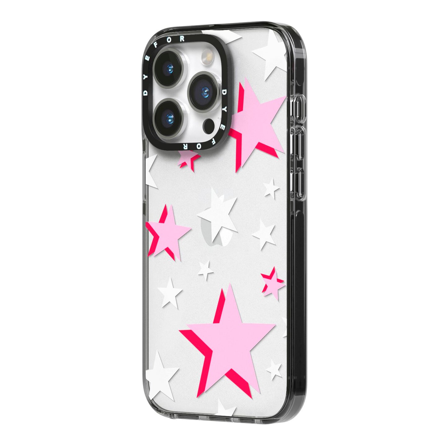Pink Star iPhone 14 Pro Black Impact Case Side Angle on Silver phone