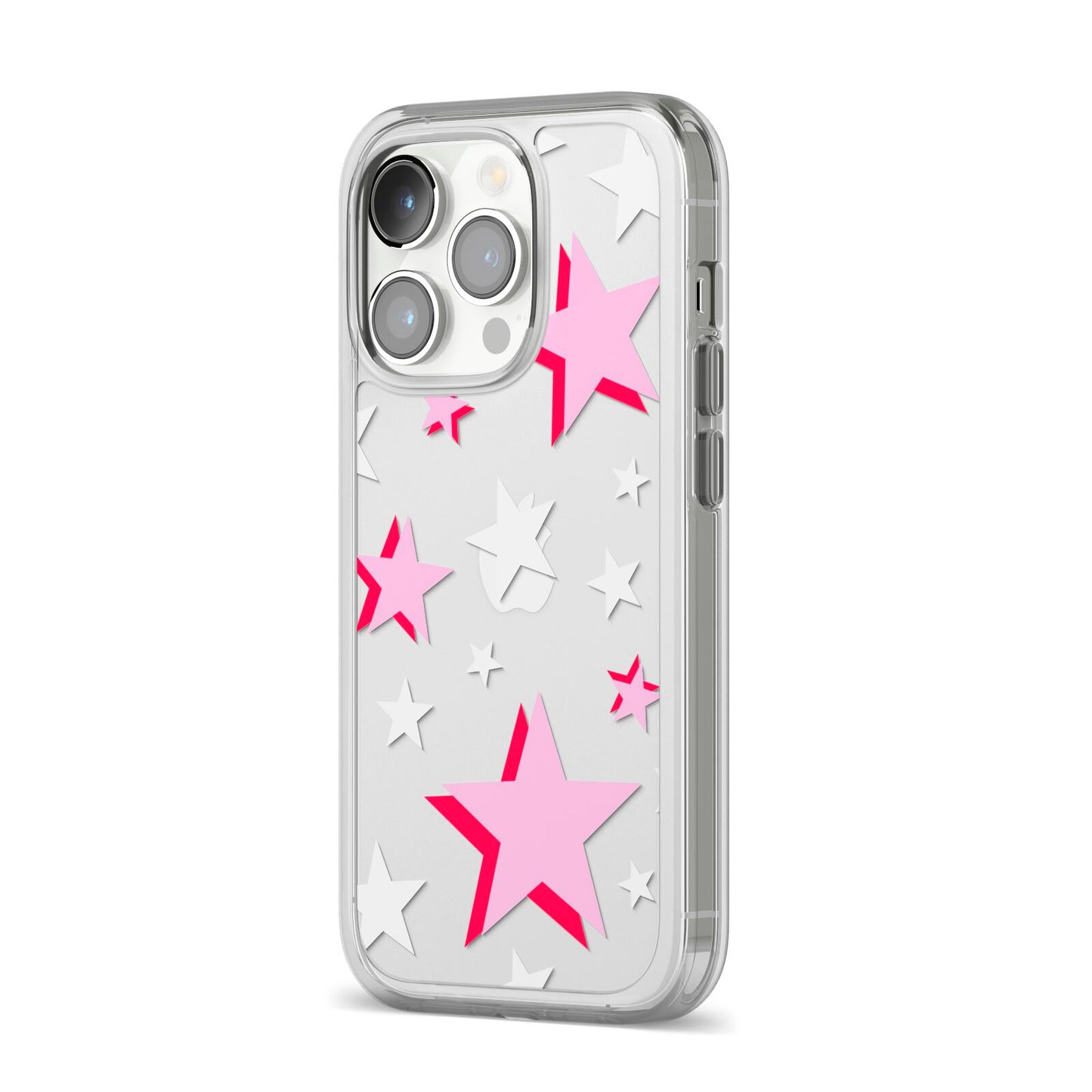 Pink Star iPhone 14 Pro Clear Tough Case Silver Angled Image