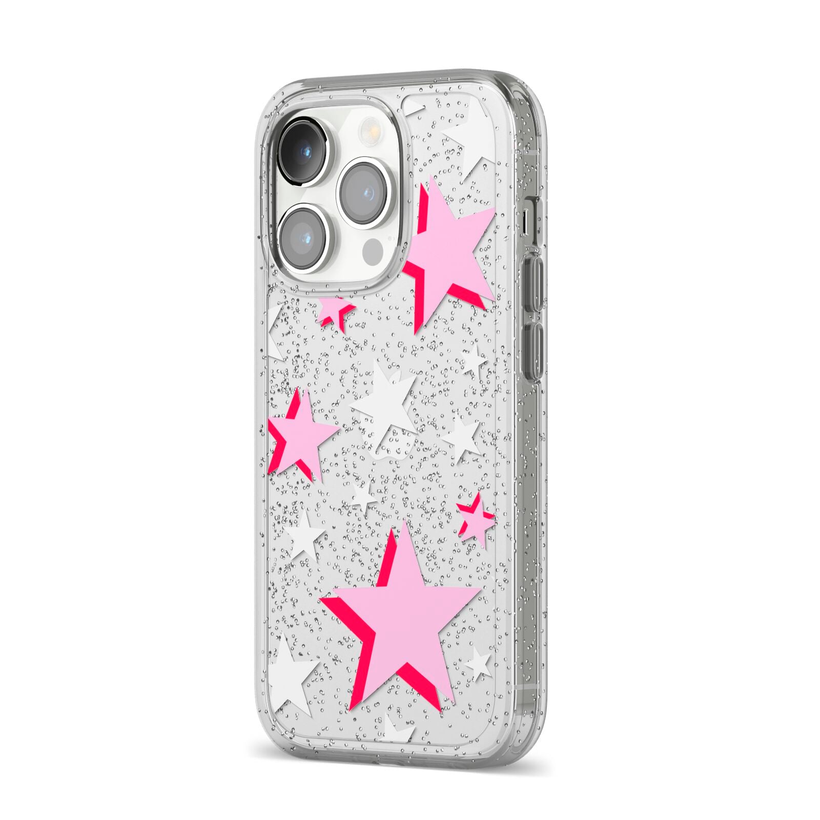 Pink Star iPhone 14 Pro Glitter Tough Case Silver Angled Image