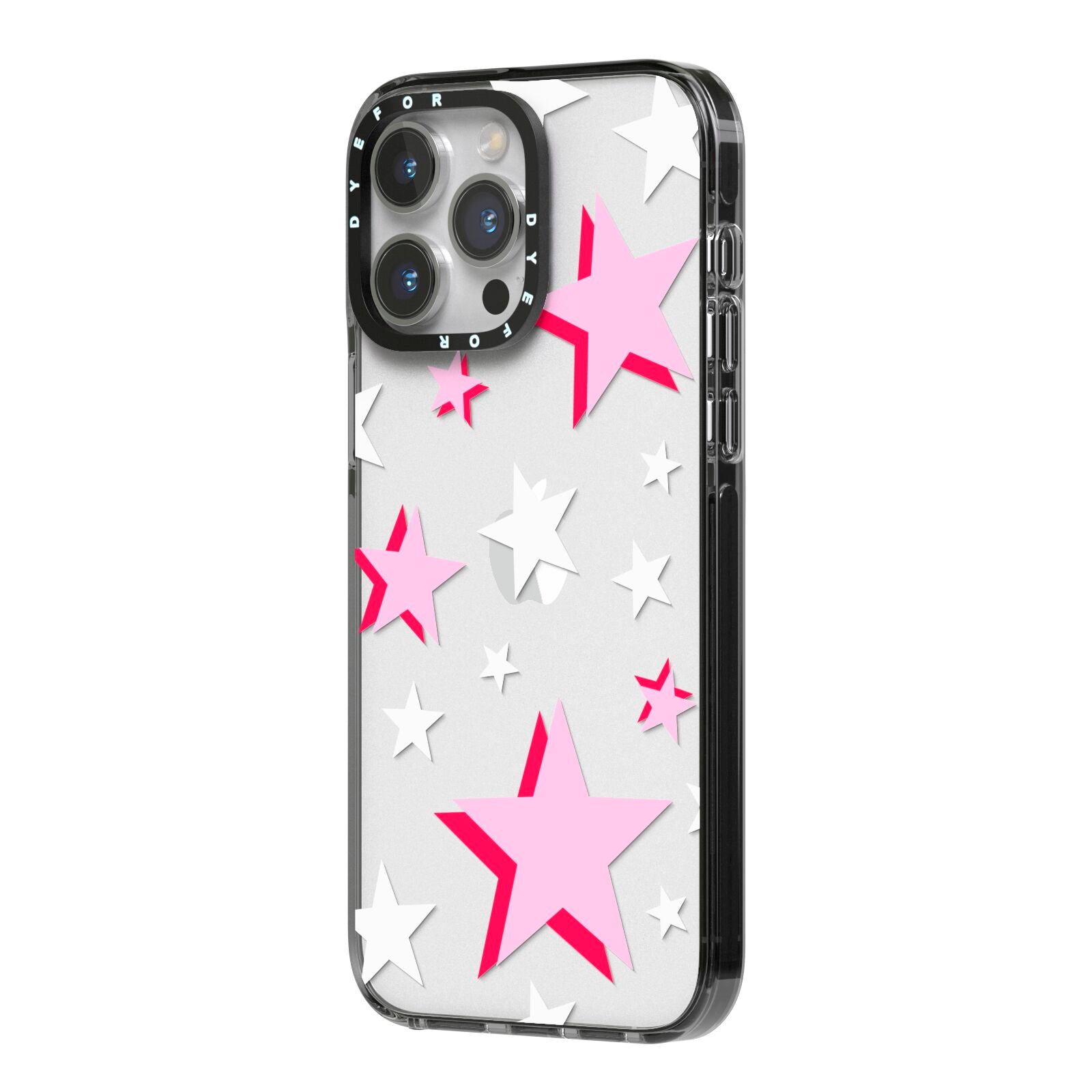 Pink Star iPhone 14 Pro Max Black Impact Case Side Angle on Silver phone