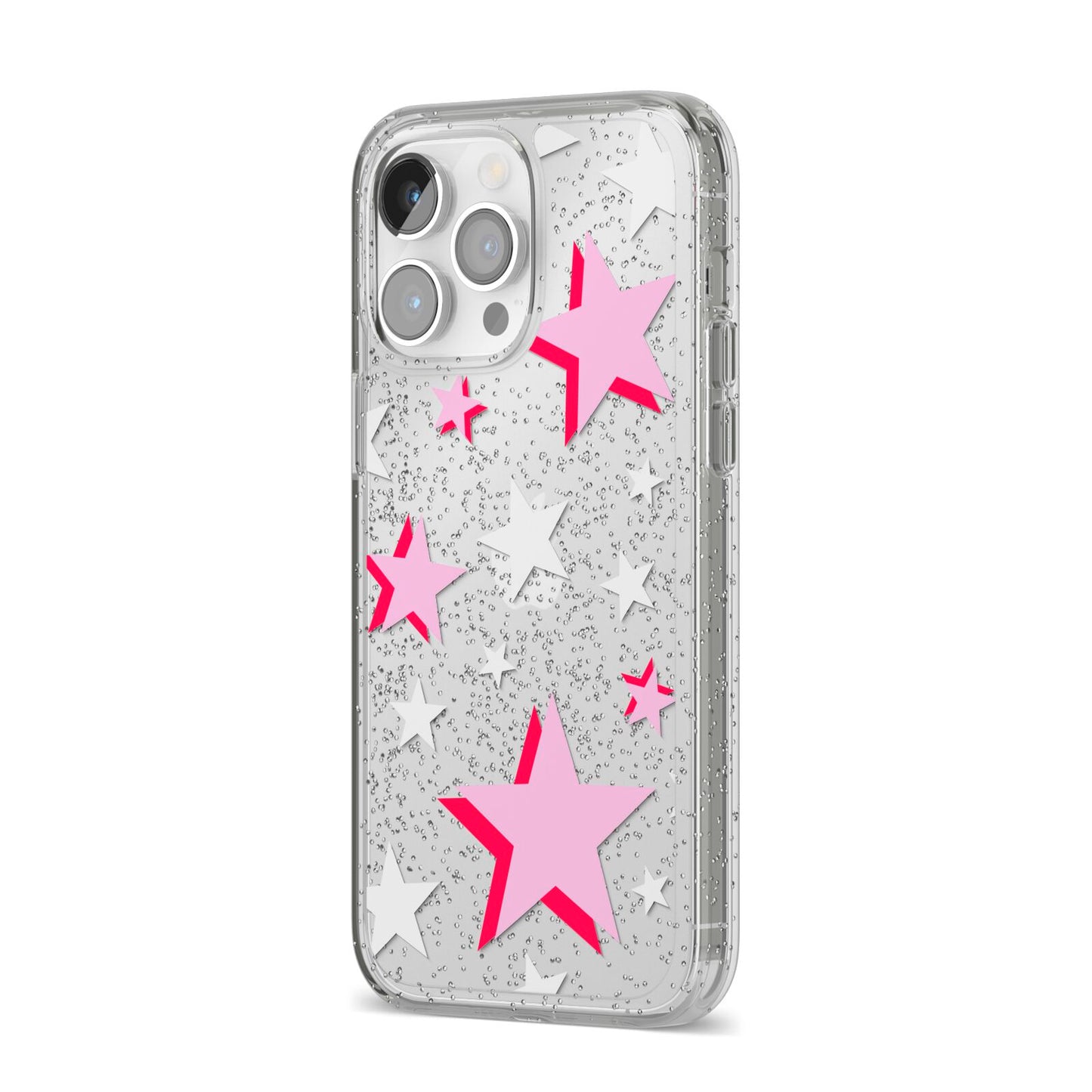 Pink Star iPhone 14 Pro Max Glitter Tough Case Silver Angled Image