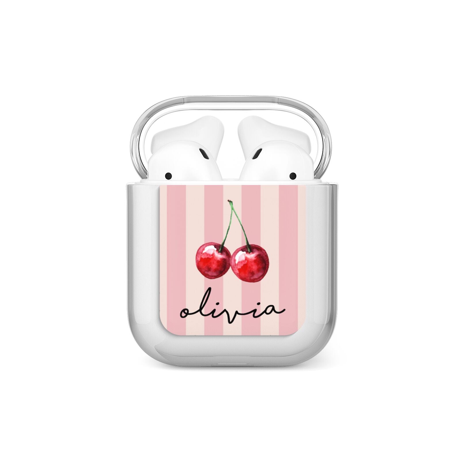Pink Stripes with Cherries and Text AirPods Case