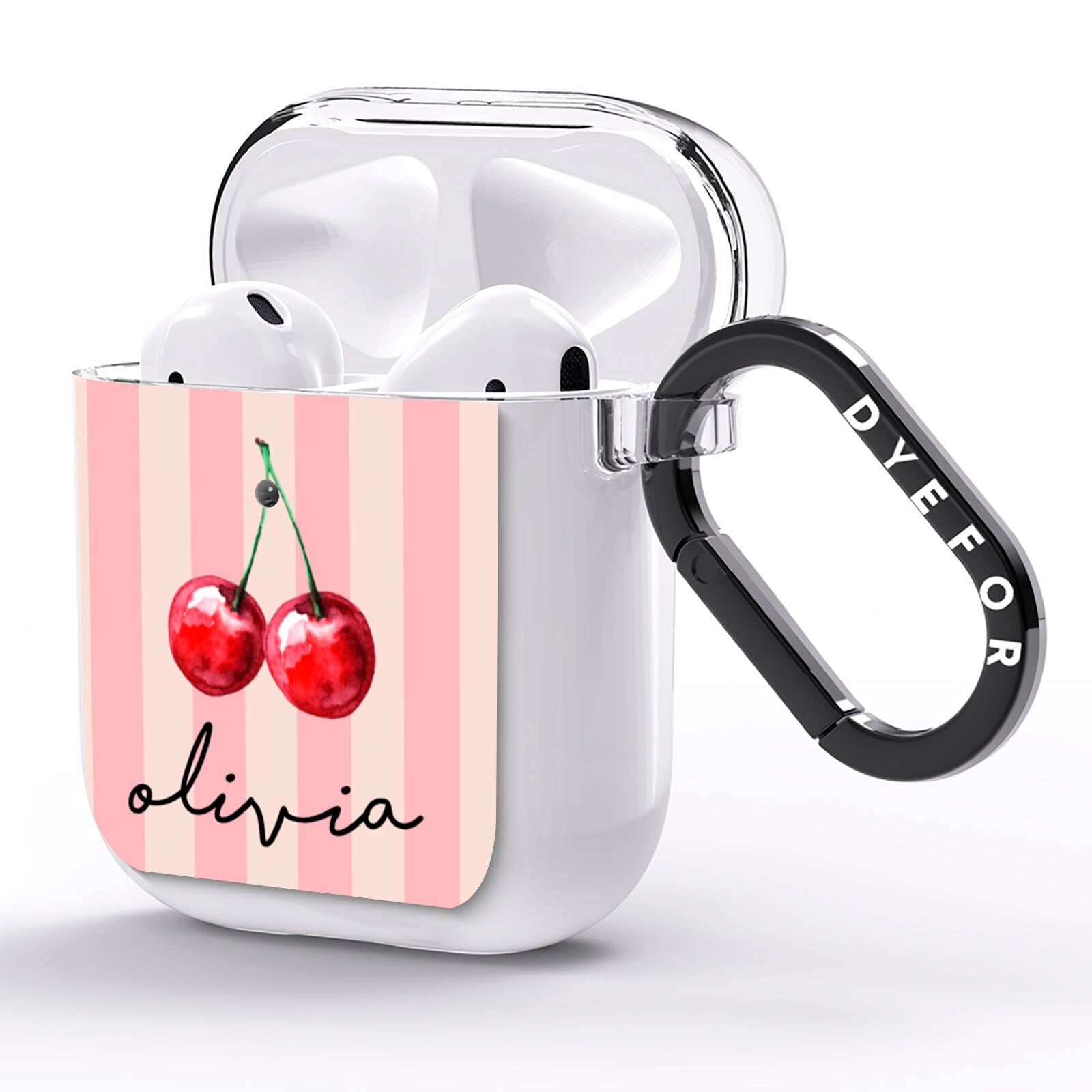 Pink Stripes with Cherries and Text AirPods Clear Case Side Image