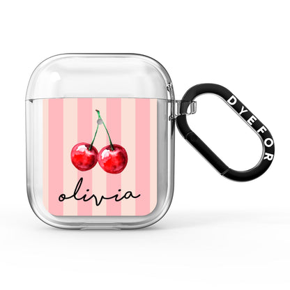Pink Stripes with Cherries and Text AirPods Clear Case