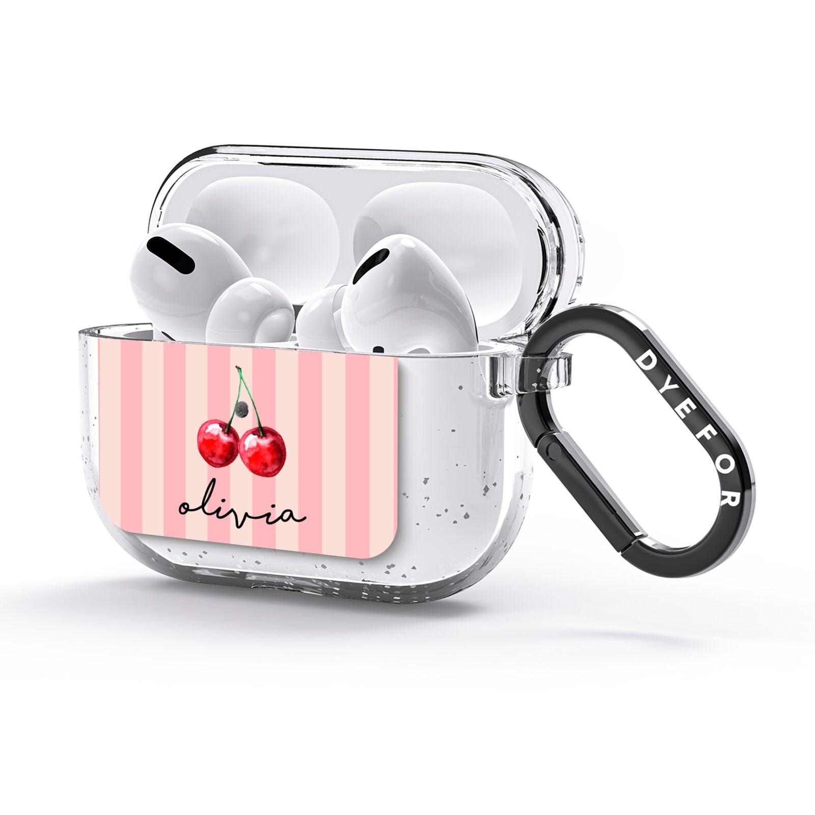 Pink Stripes with Cherries and Text AirPods Glitter Case 3rd Gen Side Image