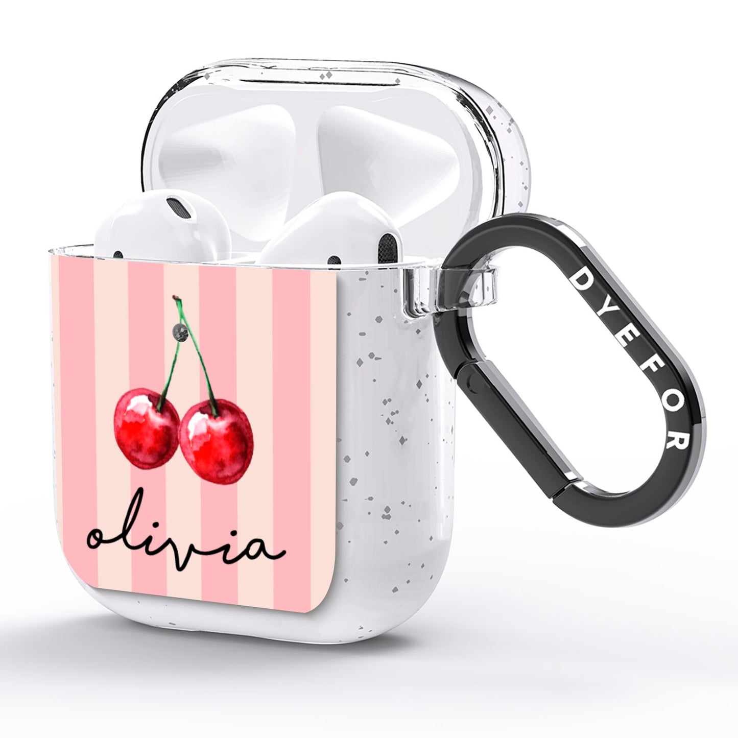Pink Stripes with Cherries and Text AirPods Glitter Case Side Image