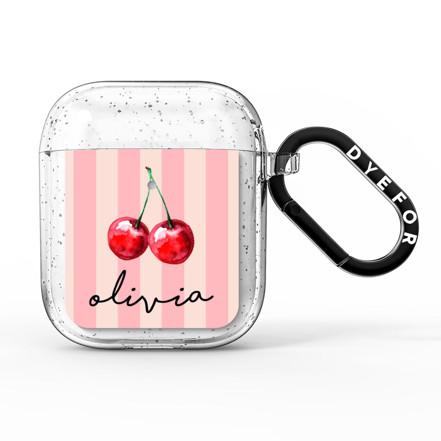 Pink Stripes with Cherries and Text AirPods Glitter Case
