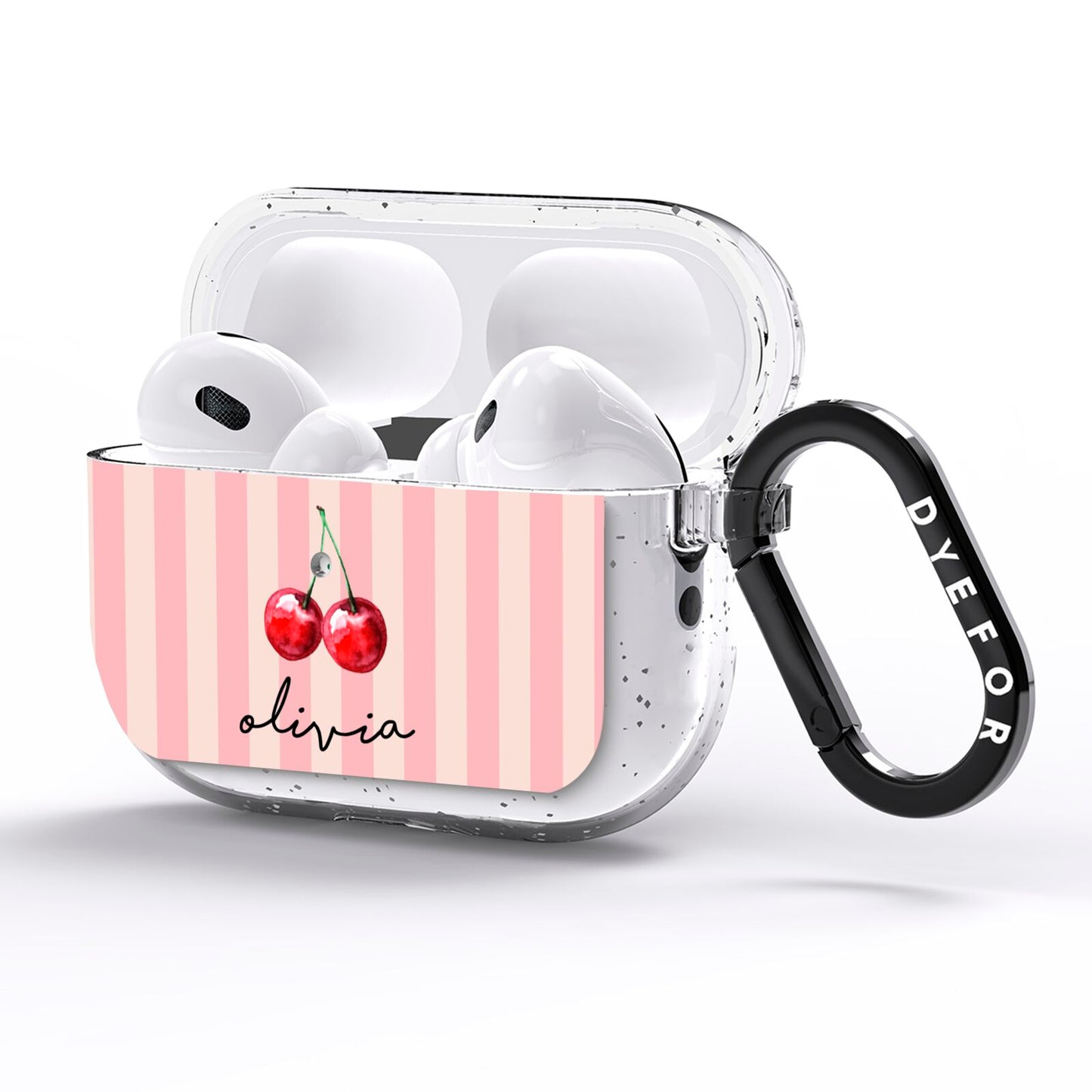 Pink Stripes with Cherries and Text AirPods Pro Glitter Case Side Image