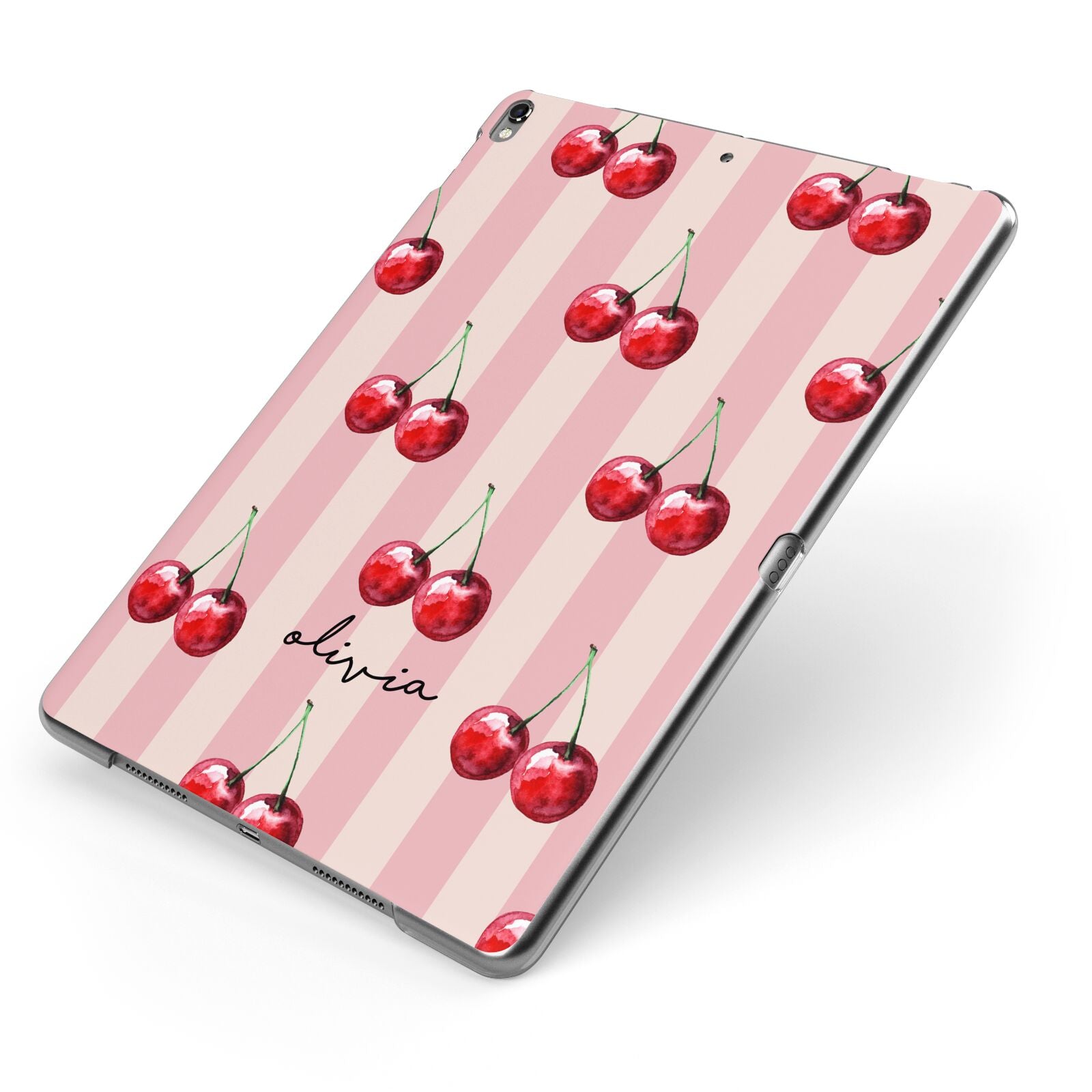 Pink Stripes with Cherries and Text Apple iPad Case on Grey iPad Side View