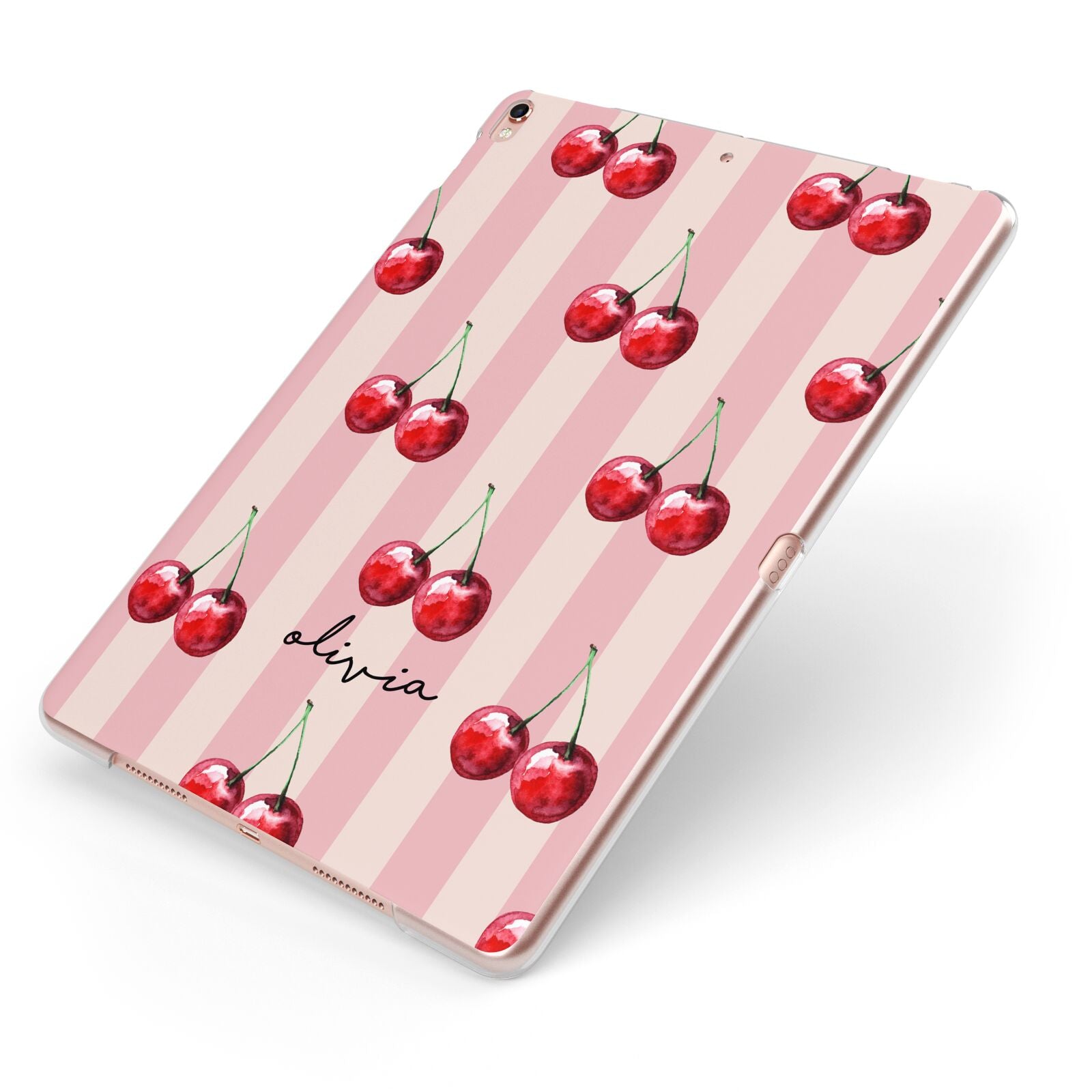 Pink Stripes with Cherries and Text Apple iPad Case on Rose Gold iPad Side View