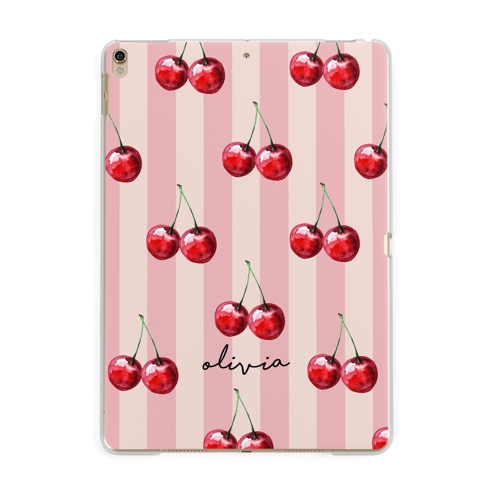 Pink Stripes with Cherries and Text Apple iPad Gold Case