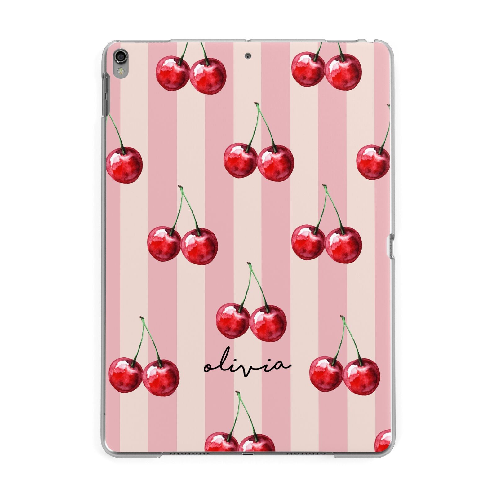 Pink Stripes with Cherries and Text Apple iPad Grey Case