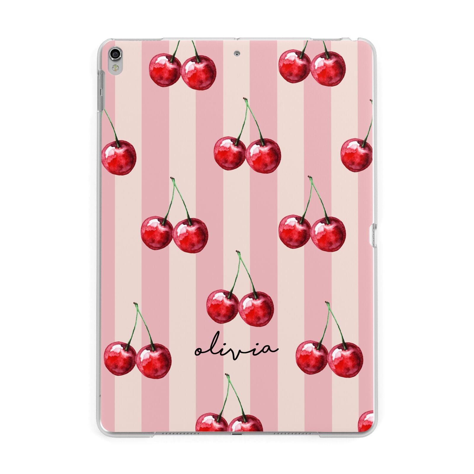 Pink Stripes with Cherries and Text Apple iPad Silver Case