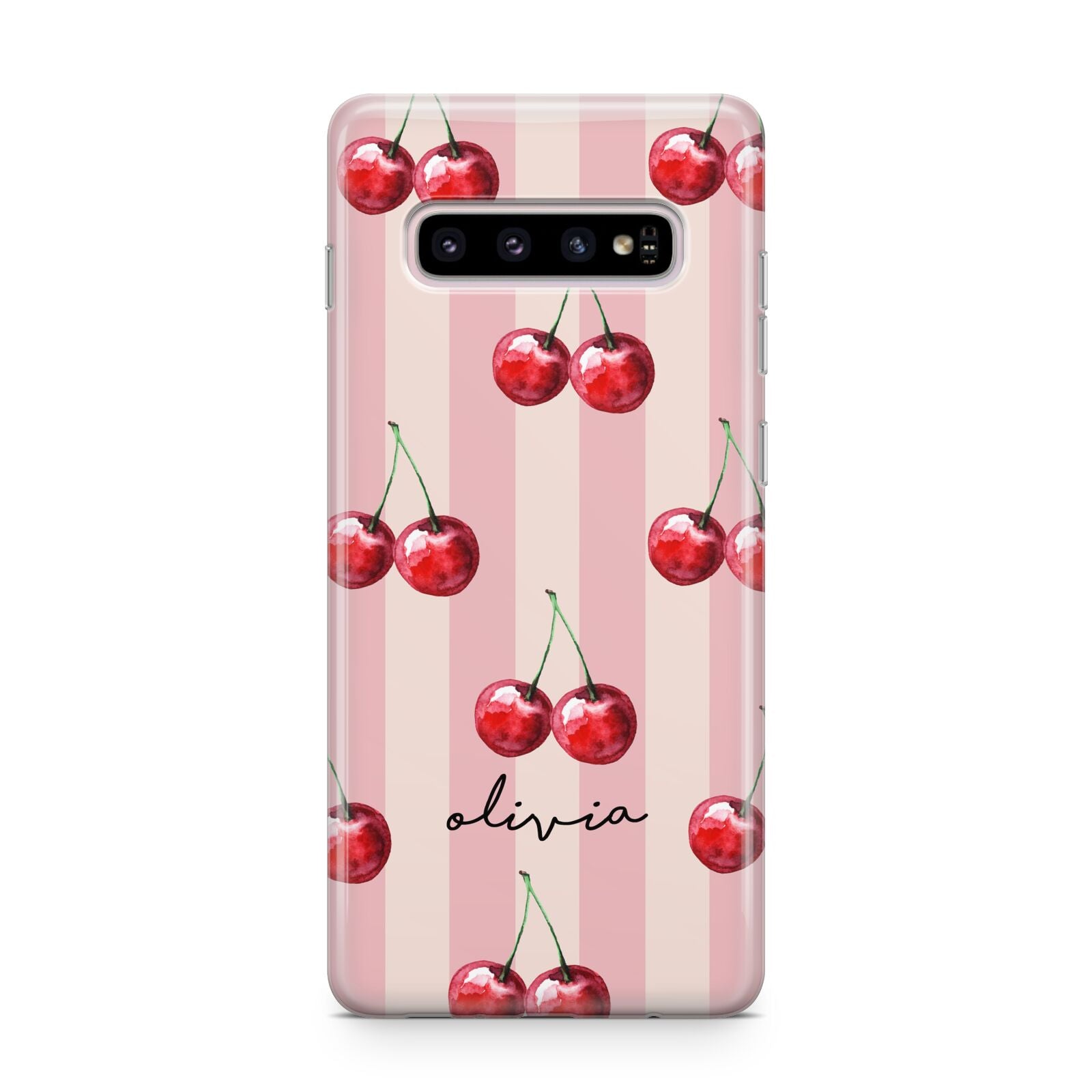Pink Stripes with Cherries and Text Samsung Galaxy S10 Plus Case