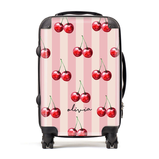 Pink Stripes with Cherries and Text Suitcase