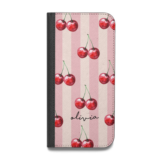 Pink Stripes with Cherries and Text Vegan Leather Flip Samsung Case