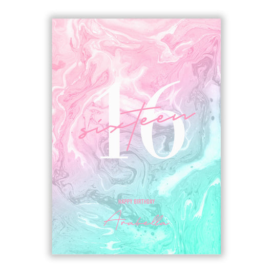 Pink Swirl Marble Custom Birthday A5 Flat Greetings Card