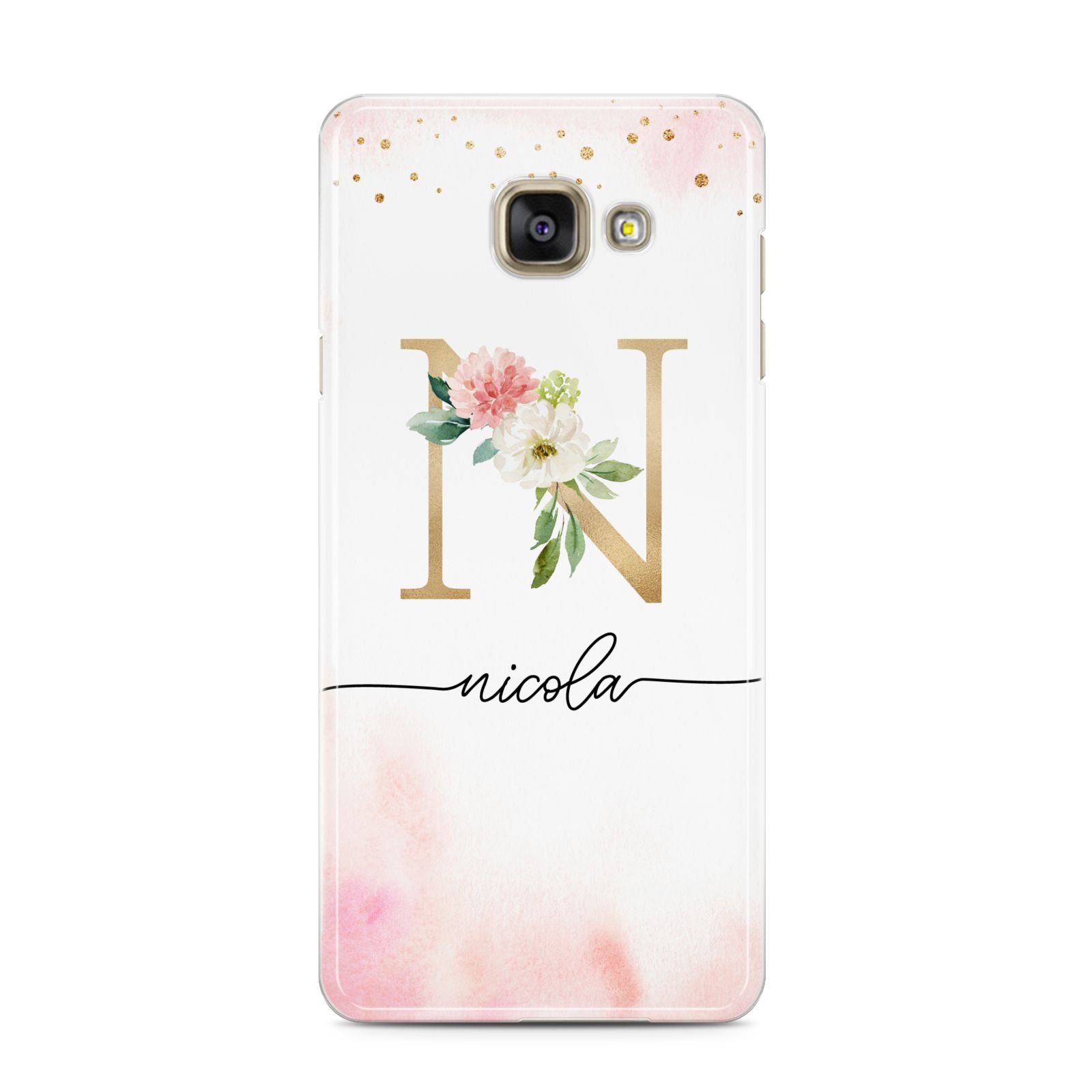Pink Watercolour Monogram Samsung Galaxy A3 2016 Case on gold phone