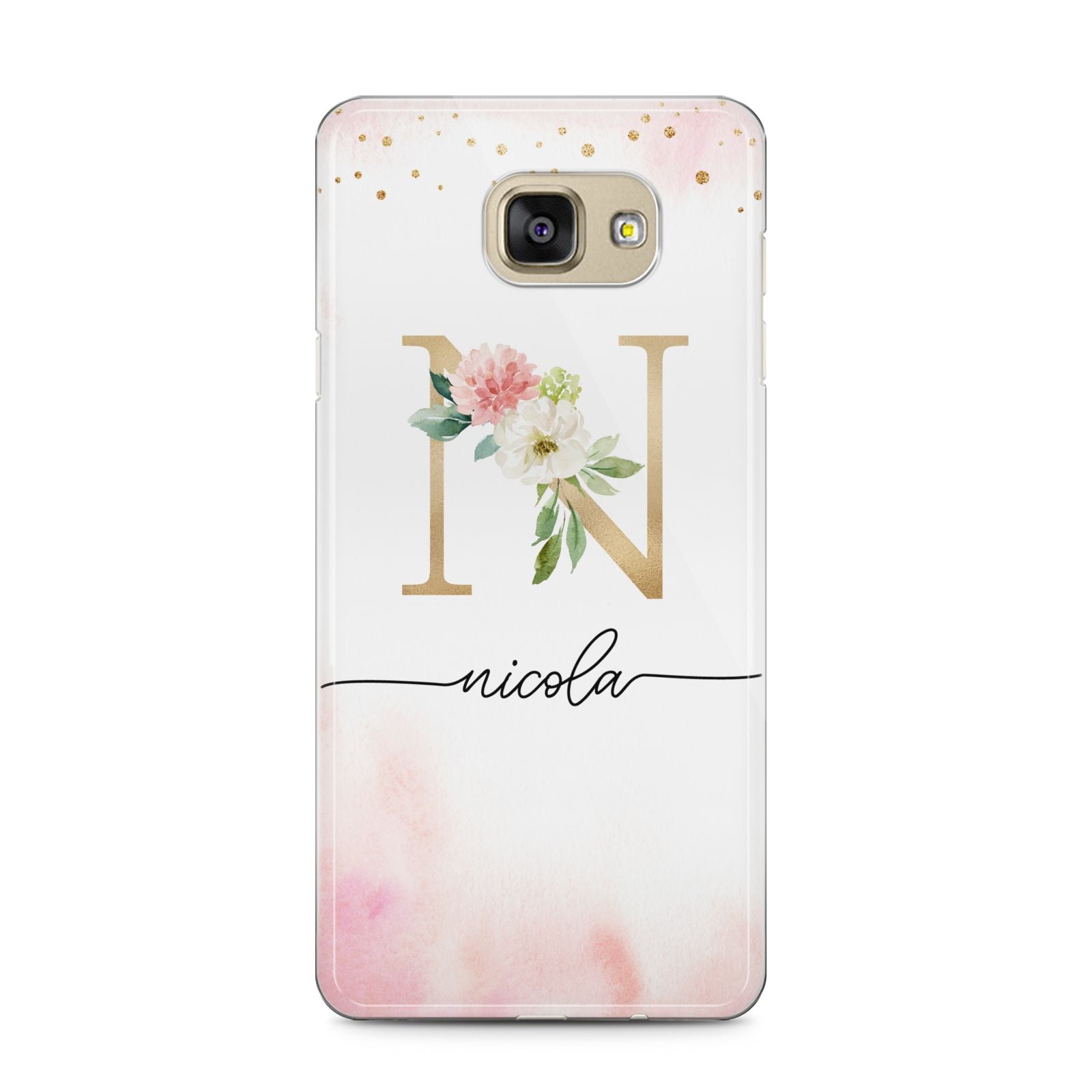 Pink Watercolour Monogram Samsung Galaxy A5 2016 Case on gold phone