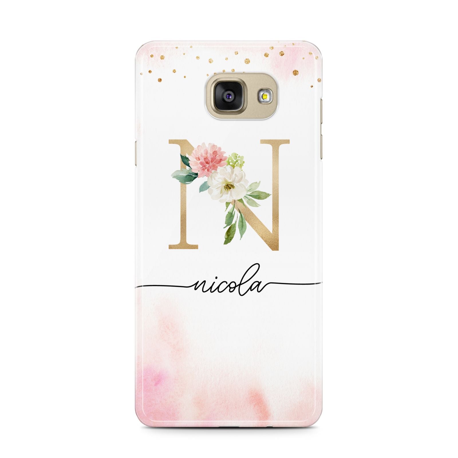 Pink Watercolour Monogram Samsung Galaxy A7 2016 Case on gold phone