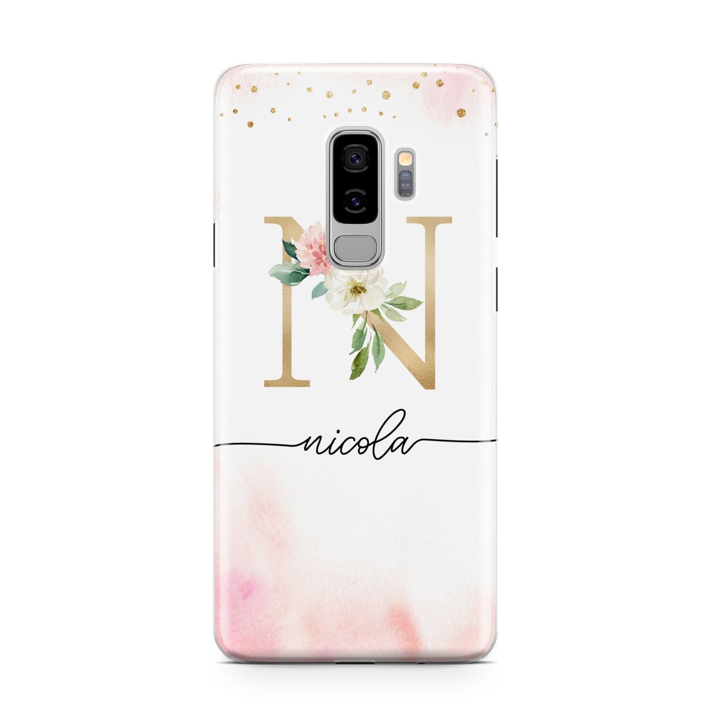 Pink Watercolour Monogram Samsung Galaxy S9 Plus Case on Silver phone