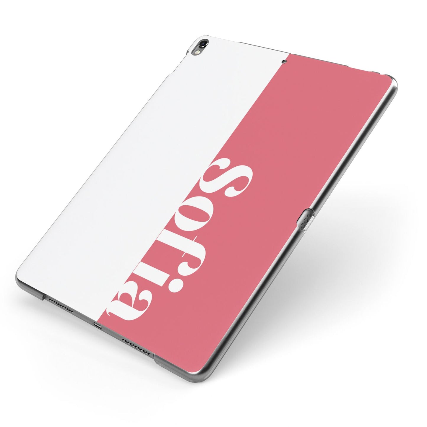 Pink White Personalised Apple iPad Case on Grey iPad Side View