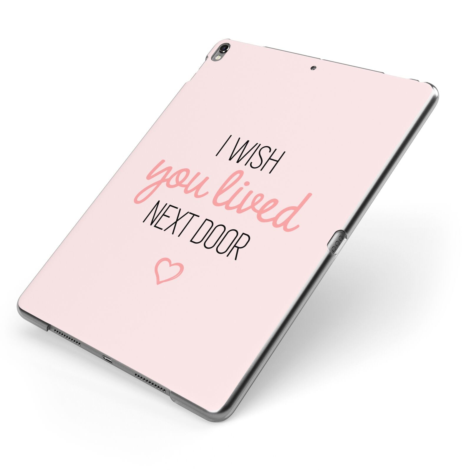 Pink Wish You Were Here Apple iPad Case on Grey iPad Side View