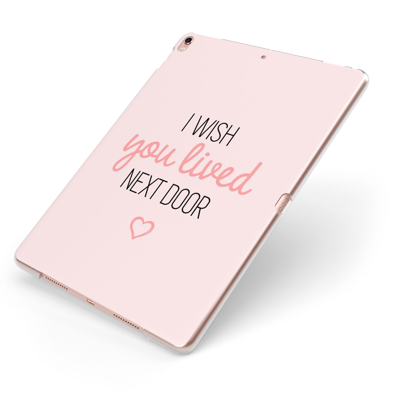 Pink Wish You Were Here Apple iPad Case on Rose Gold iPad Side View