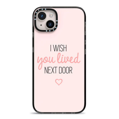 Pink Wish You Were Here iPhone 14 Plus Black Impact Case on Silver phone