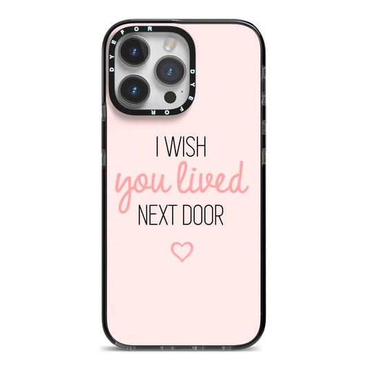 Pink Wish You Were Here iPhone 14 Pro Max Black Impact Case on Silver phone