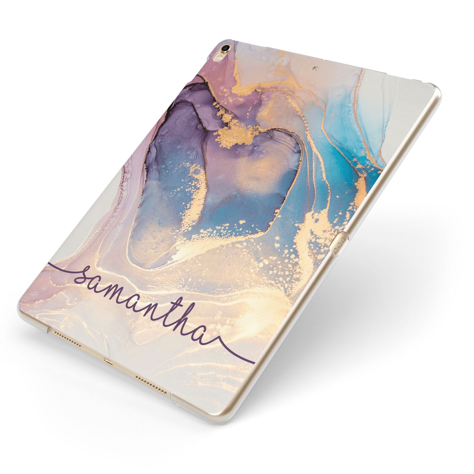 Pink and Blue Marble Apple iPad Case on Gold iPad Side View