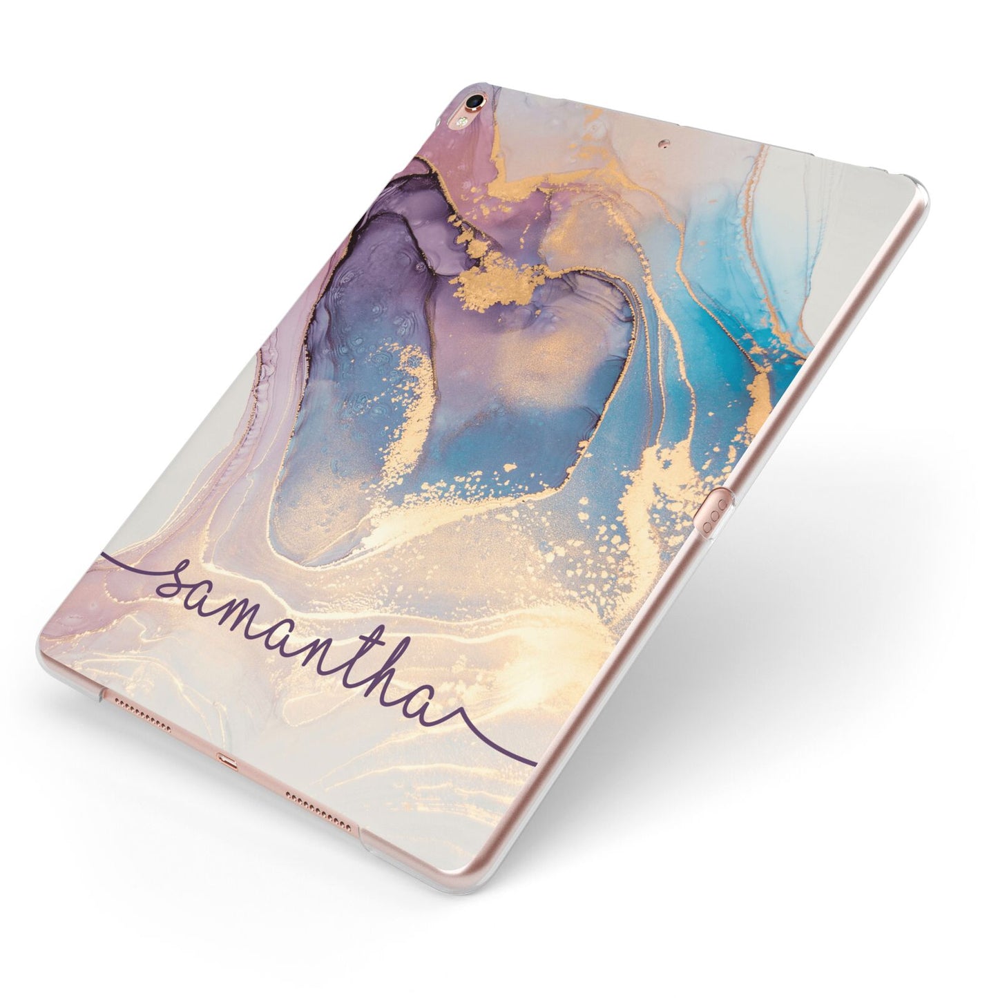 Pink and Blue Marble Apple iPad Case on Rose Gold iPad Side View
