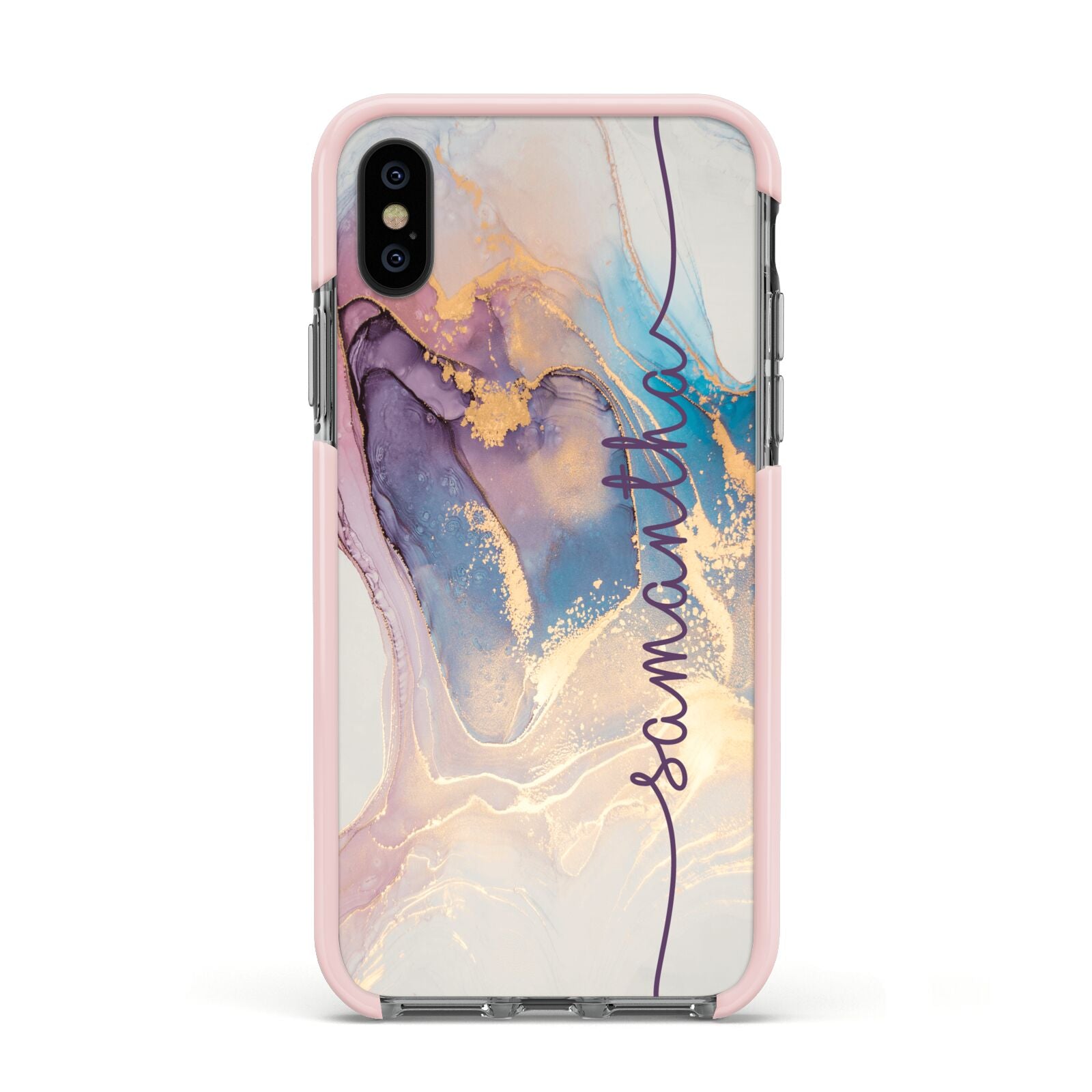 Pink and Blue Marble Apple iPhone Xs Impact Case Pink Edge on Black Phone