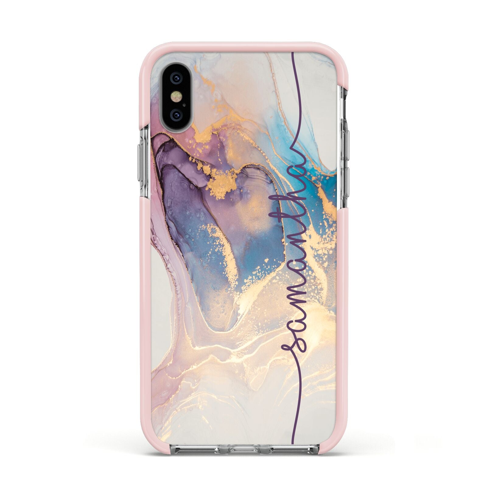 Pink and Blue Marble Apple iPhone Xs Impact Case Pink Edge on Silver Phone