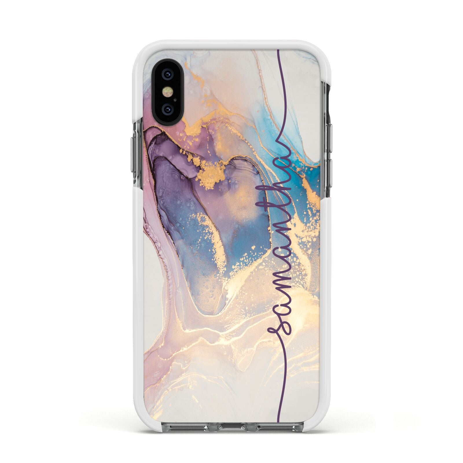 Pink and Blue Marble Apple iPhone Xs Impact Case White Edge on Black Phone