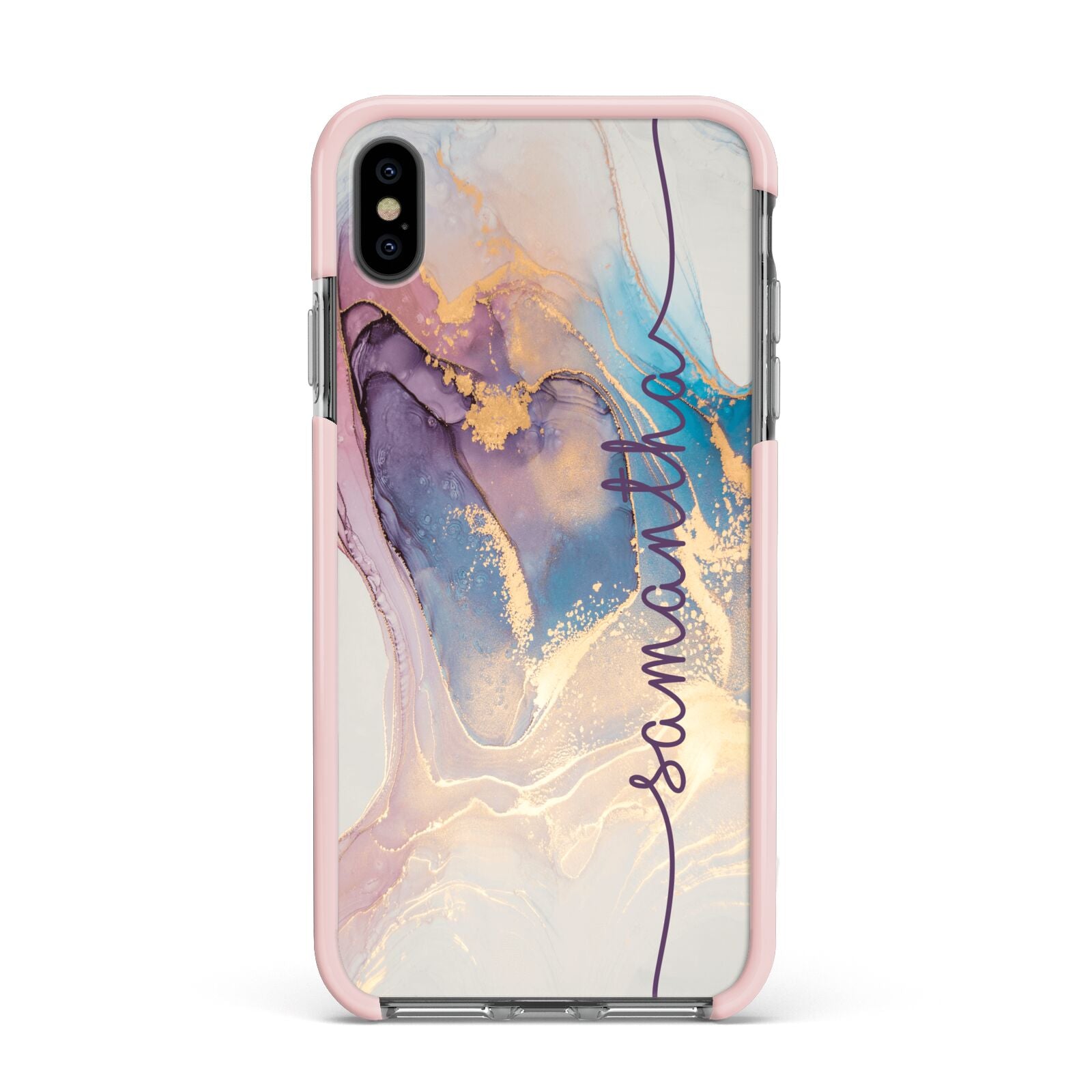 Pink and Blue Marble Apple iPhone Xs Max Impact Case Pink Edge on Black Phone