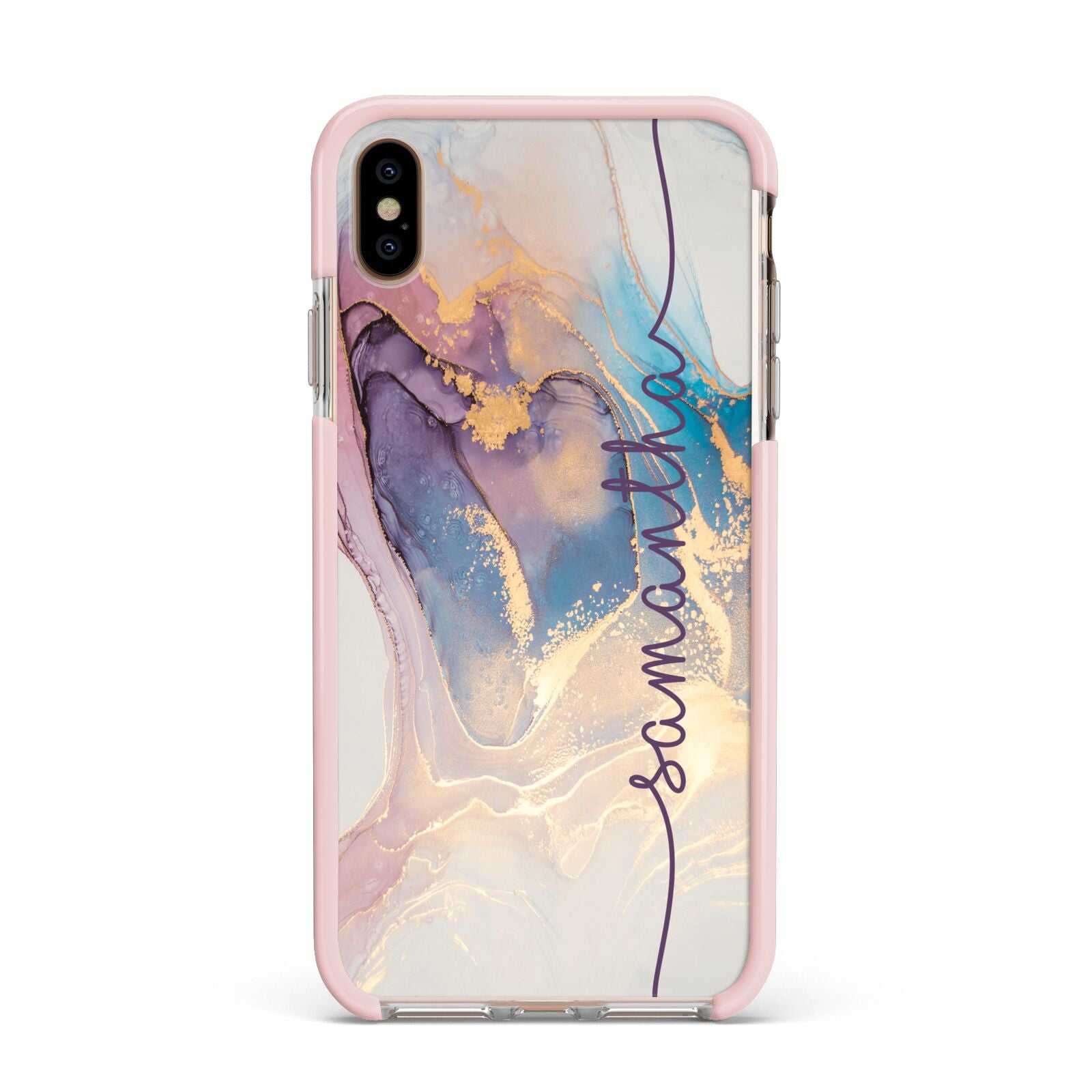 Pink and Blue Marble Apple iPhone Xs Max Impact Case Pink Edge on Gold Phone