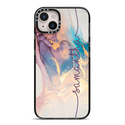 Pink and Blue Marble iPhone 14 Plus Black Impact Case on Silver phone