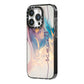 Pink and Blue Marble iPhone 14 Pro Black Impact Case Side Angle on Silver phone