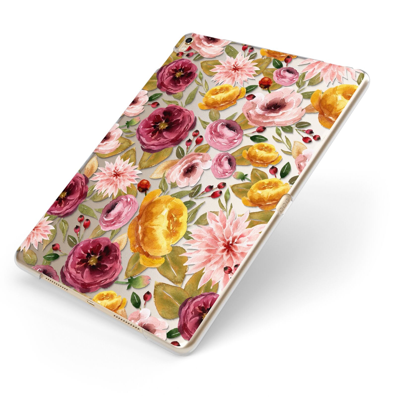 Clear Pink and Mustard Floral Apple iPad Case on Gold iPad Side View