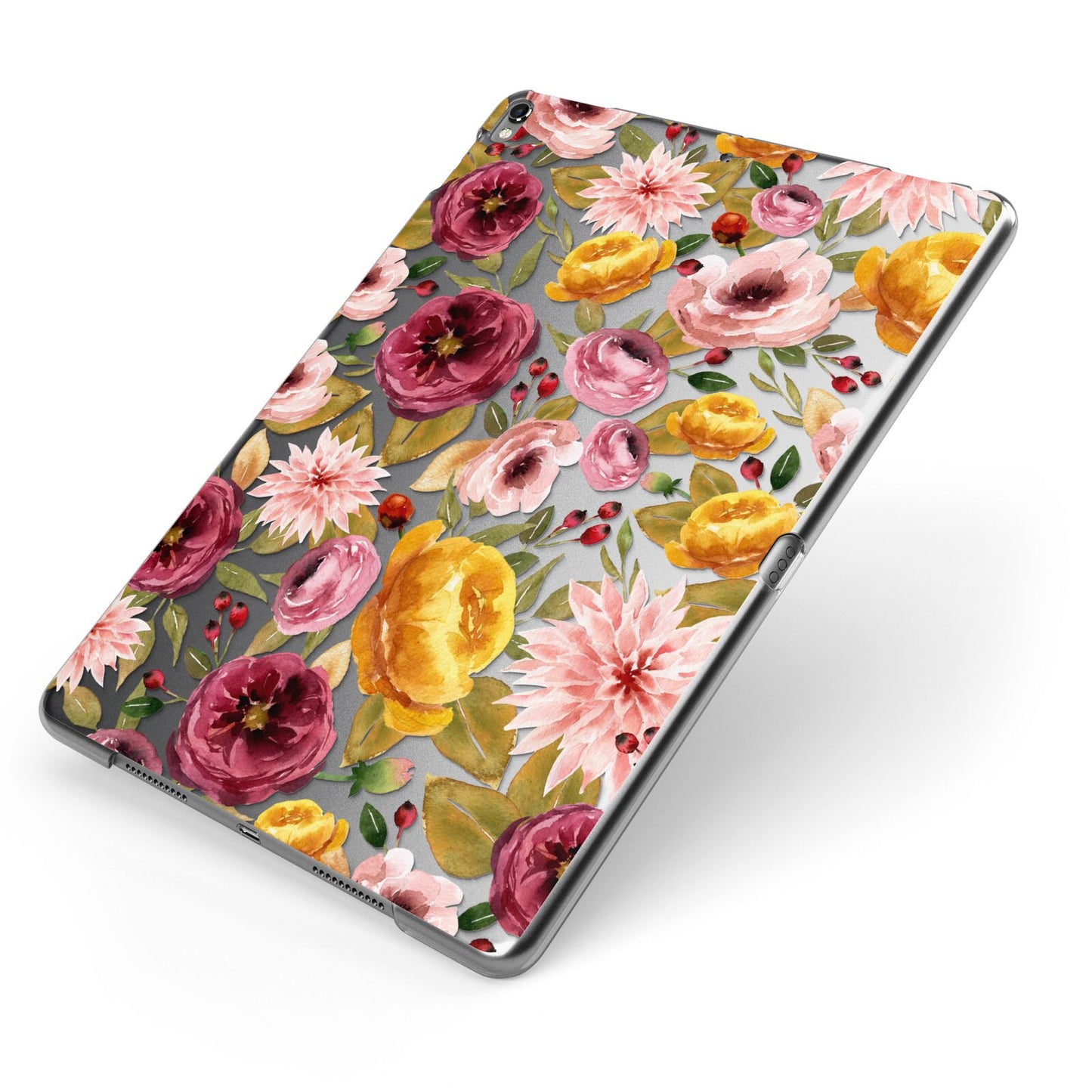 Clear Pink and Mustard Floral Apple iPad Case on Grey iPad Side View