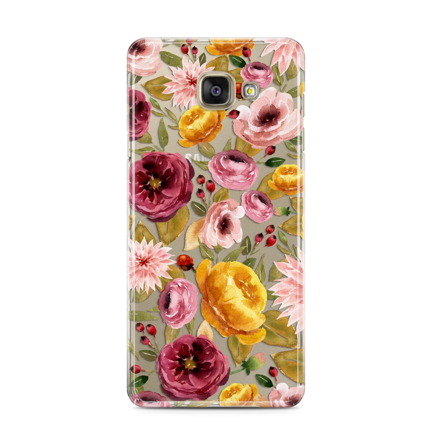 Pink and Mustard Floral Samsung Galaxy A3 2016 Case on gold phone