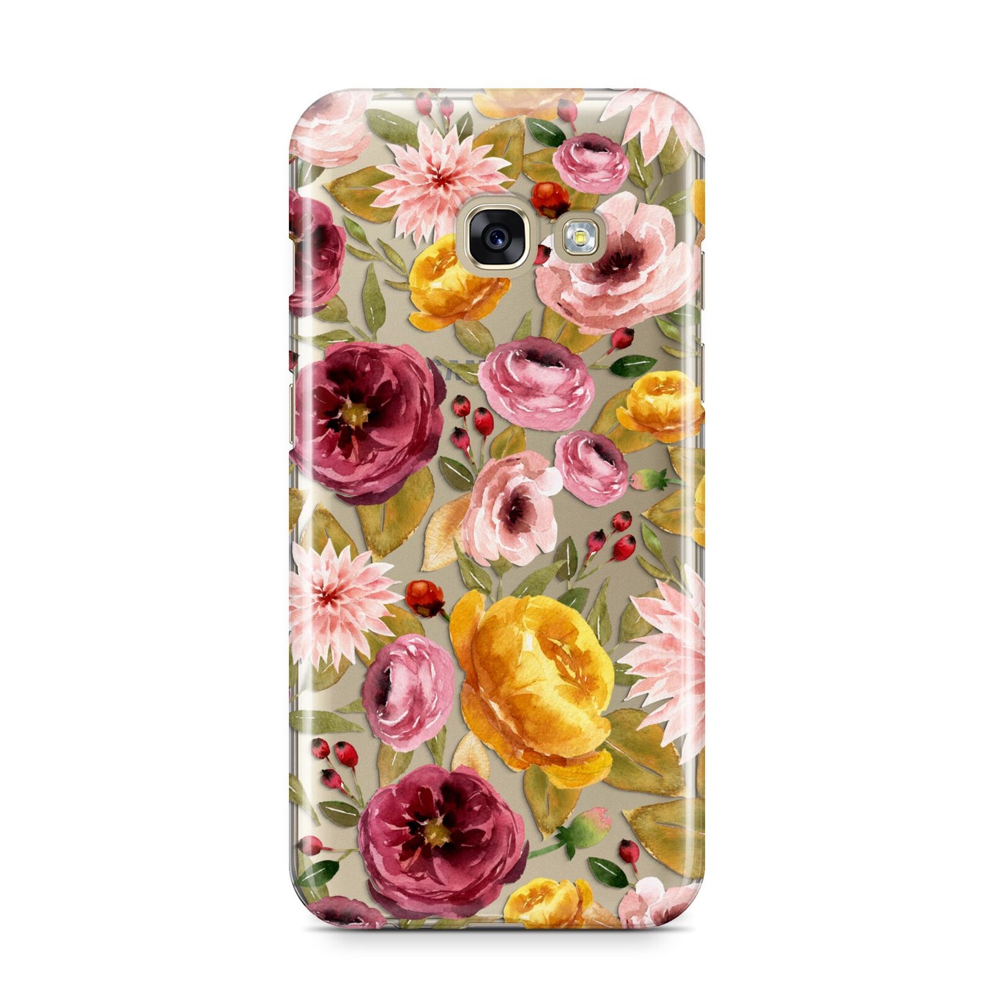 Pink and Mustard Floral Samsung Galaxy A3 2017 Case on gold phone