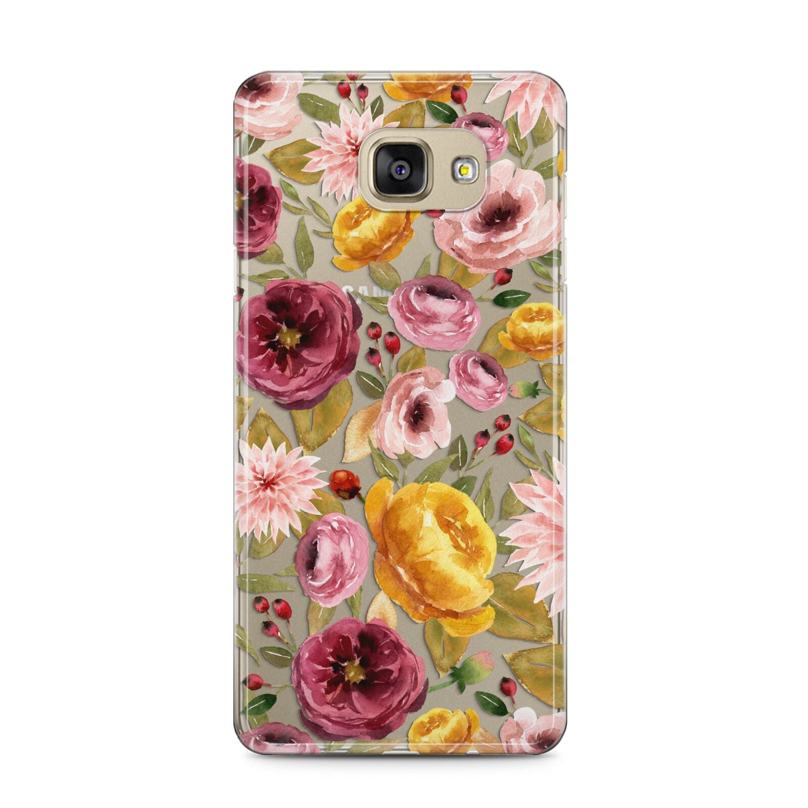Pink and Mustard Floral Samsung Galaxy A5 2016 Case on gold phone
