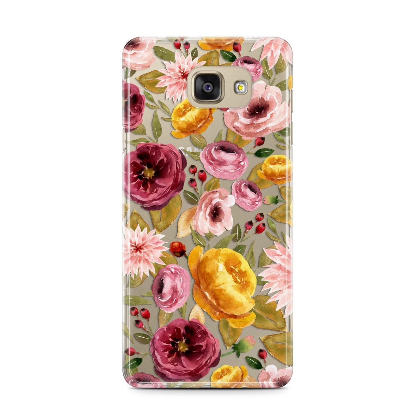 Pink and Mustard Floral Samsung Galaxy A7 2016 Case on gold phone